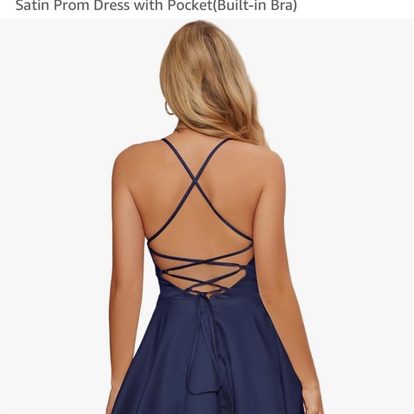 Chic Navy Blue Satin Prom Dress - Picture 3 of 4